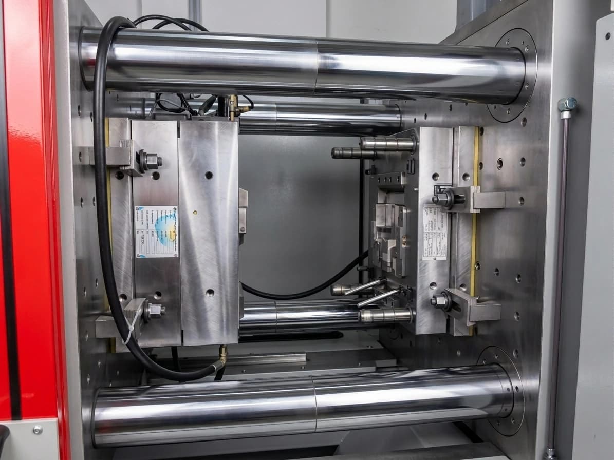 Injection mould in the open machine door